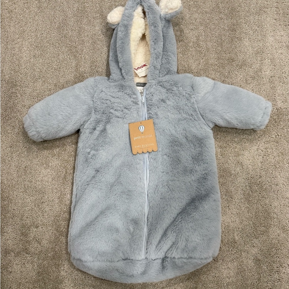 Petit Lem Light Blue Plush Hooded Baby Bunting